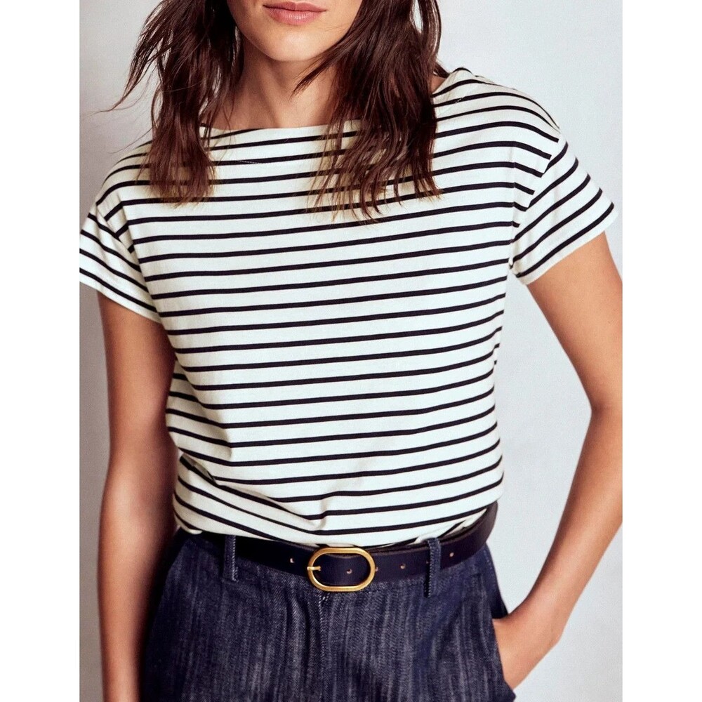 Boden Supersoft Short Sleeve Boat Neck T-shirt Navy White Striped Women's Sz 10